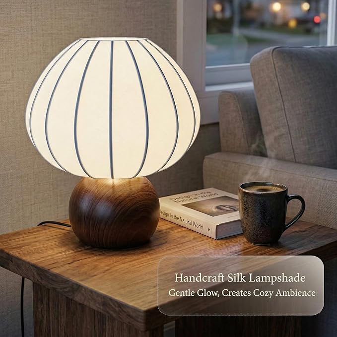 Mushroom Table Lamp, Metal Bedside Lamp with Stepless Dimming, Handcrafted Silk Lampshade Nightstand Lamp for Cozy Bedroom, Living Room, Kids Room