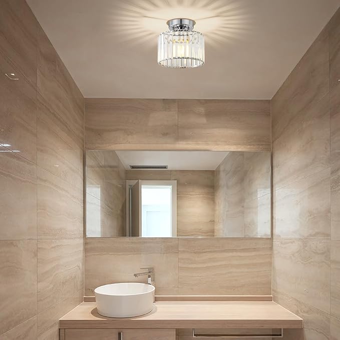Crystal Chrome Semi Flush Mount Ceiling Light Modern Hallway Light Fixture Metal Close to Lamp for Entryway Bathroom (8.66 inch)
