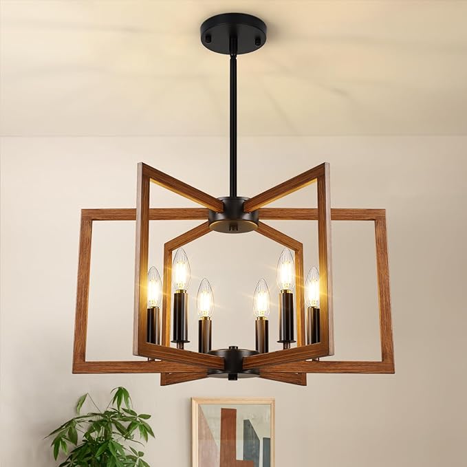 6-Light Wood Grain Chandelier, Farmhouse Dining Room Light Fixture, Modern Chandelier, Geometric Industrial Metal Hang Lighting Fixture for Foyer Entryway Kitchen Over Table Hallway Living Room