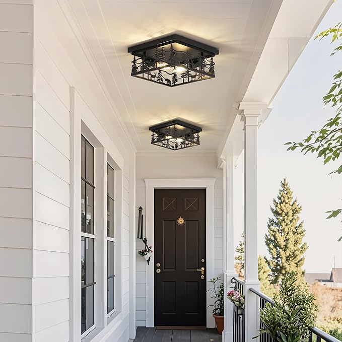 2 Pack Rustic Industrial Flush Mount Ceiling Light, 11" Black Metal Cabin Design E12 Square Ceiling Light Fixture, for Kitchen, Foyer, Bedroom Farmhouse Lighting (Bulbs Not Included)