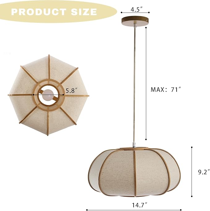 15" Bamboo Pumpkin Pendant Light, Adjustable 71" Hanging Lamp with Boho Japandi Fabric Shade, Ceiling Light for Dining Room, Kitchen, Bedroom, E26 Base (Nature Color)
