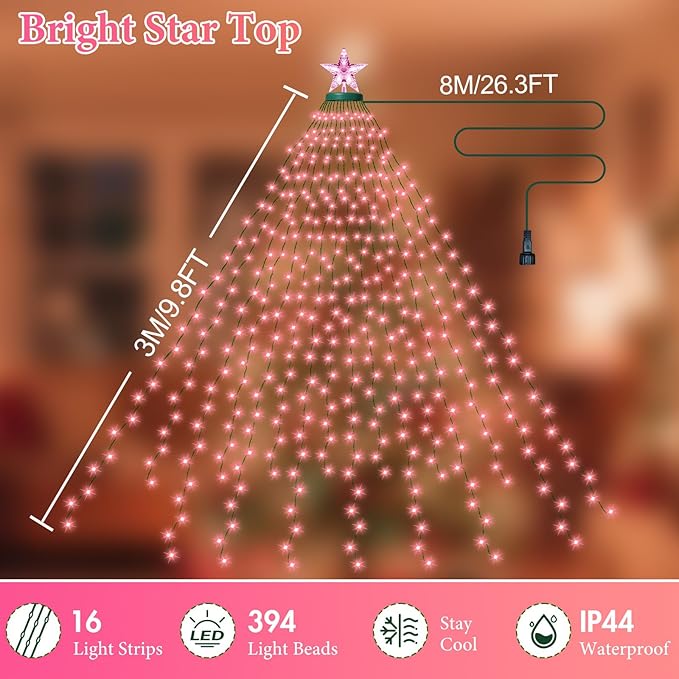 Smart Christmas Tree Lights with Star Topper, 394LED APP Control Music Sync Color Changing RGB Christmas String Lights, Cascading Twinkle Lights for Indoor Outdoor Xmas Tree Decorations