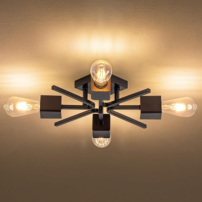4 Light Sputnik Light Fixture Black Flush Mount Lights Industrial Ceiling Light Wood 22" Modern Farmhouse Ceiling Lights for Kitchen Bedroom Bathroom Foyer Hallway(E26)