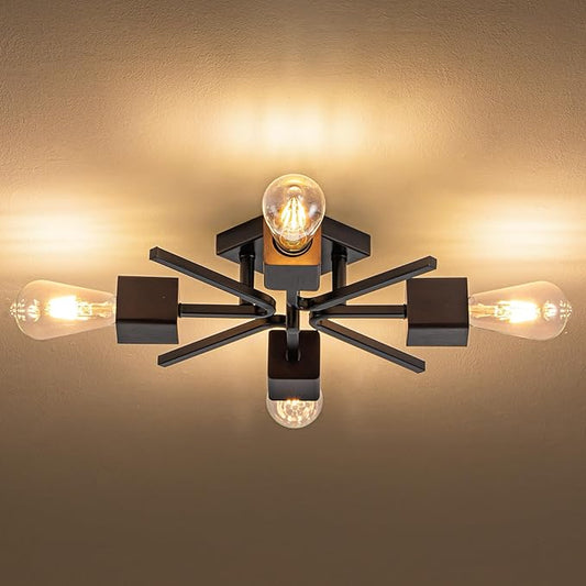 4 Light Sputnik Light Fixture Black Flush Mount Lights Industrial Ceiling Light Wood 22" Modern Farmhouse Ceiling Lights for Kitchen Bedroom Bathroom Foyer Hallway(E26)