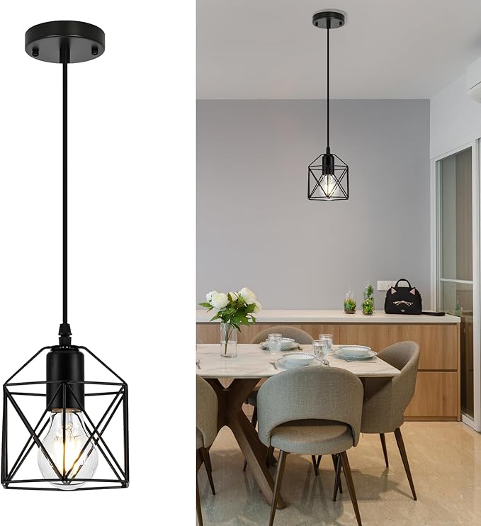 1-Light Hanging Pendant Light Fixture, Black Pendant Lights Kitchen Island, Farmhouse Pendant Lighting with Bedroom Dining Room, E26 Base, Bulbs Not Included