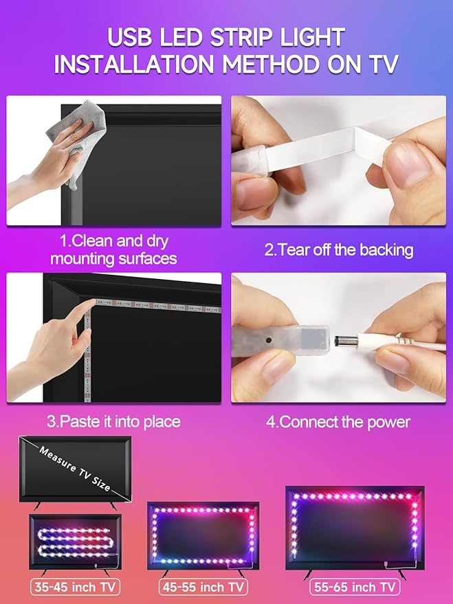 Tyute TV LED Lights, 13.1ft LED Lights for 40-65 Inch TV Behind Lighting, RGB Color Changing TV Backlight with APP & Remote Control, Music Sync USB LED Strip Light for Bedroom Gaming Room Decor