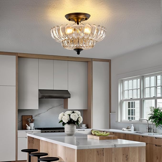 HuixuTe Modern Semi Flush Mount Ceiling Light, 3-Light Black Close to Ceiling Light Fixture with Cognac Glass Shade for Living Room Entryway Bedroom