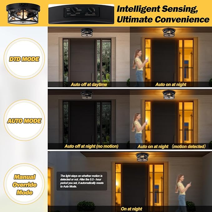 Motion Sensor Outdoor Ceiling Light, Adjustable Black Flush Mount Light Fixture, 2-Light Porch Lights Outdoor, Clear Glass Industrial Exterior Ceiling Lights for Patio, Garage, Entryway, Farmhouse