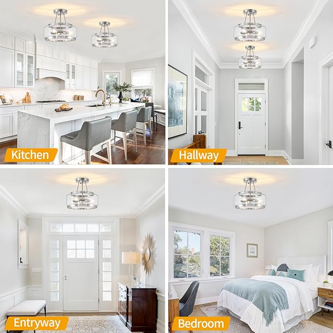 Brushed Nickel Modern Glass Ceiling Light, 3-Light Drum Semi Flush Mount Ceiling Light , Entryway Light Fixture, 11.81" Ceiling Lamp for Hallway Bedroom Laundry Room Dining Room Kitchen Light Fixtures