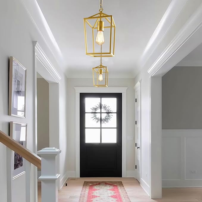 2-Pack Gold Pendant Lights Kitchen Island, Modern Mid Century Light Fixtures Hanging Lamp for Kitchen, Farmhouse Kitchen Pendant Lighting Over Island, Metal Cage Design