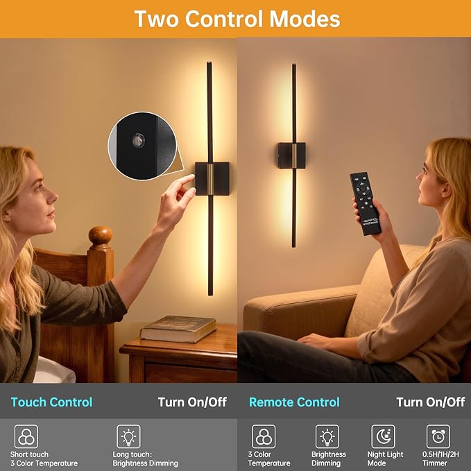 Shenmoyl Battery Operated Wall Sconce Set of 2, 10400mAh Wireless Wall Sconces, 3000K-6000K Dimmable, 350°Rotate, Indoor Wall Lights with Remote for Bedroom Living Room Bathroom, Black Gold, 31.5 Inch