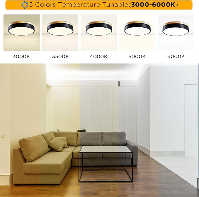 Dimmable LED Wood Flush Mount Ceiling Light Fixture 3000-6000K Tunnable 12 Inch, 24W Modern Close to Ceiling Light, Bedroom Light for Kitchen, Hallway, Black, Type B 5CCT