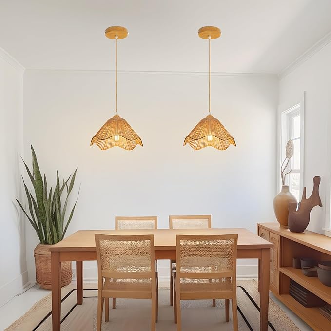 12.4" Wave Rattan Chandelier Pendant Lights Kitchen Island,Farmhouse Boho Chandeliers Adjustable Height Hanging lamp for Dining Room,Kitchen Ceiling Light Fixtures Hand Woven Wicker Lampshade