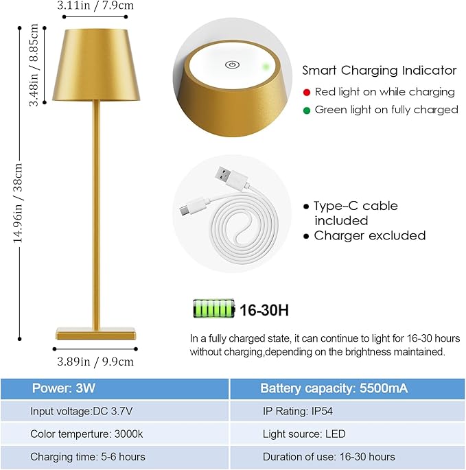 2-Pack LED Cordless Table Lamp 3W 5000mAh Rechargeable Battery Operated Stepless Dimmable Portable Lamp for Restaurant, Bedroom, Outdoor (Gold)