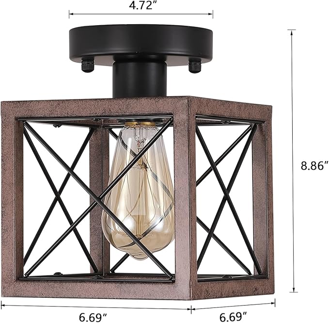Rustic Farmhouse Metal Flush Mount Ceiling Light Fixture Antique Oak Hexagon Cage Small Semi Flush Mount Ceiling Light for Kitchen Hallway Entry Bedroom Country Farmhouse, Black