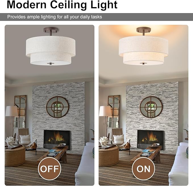 Bargeni 16" Semi Flush Mount Ceiling Light, 3-Light Drum Ceiling Light Fixture, Oil Rubbed Bronze with Double Linen Fabric Shade, Modern Light Fixtures Ceiling Mount for Bedroom, Living Room, Entryway
