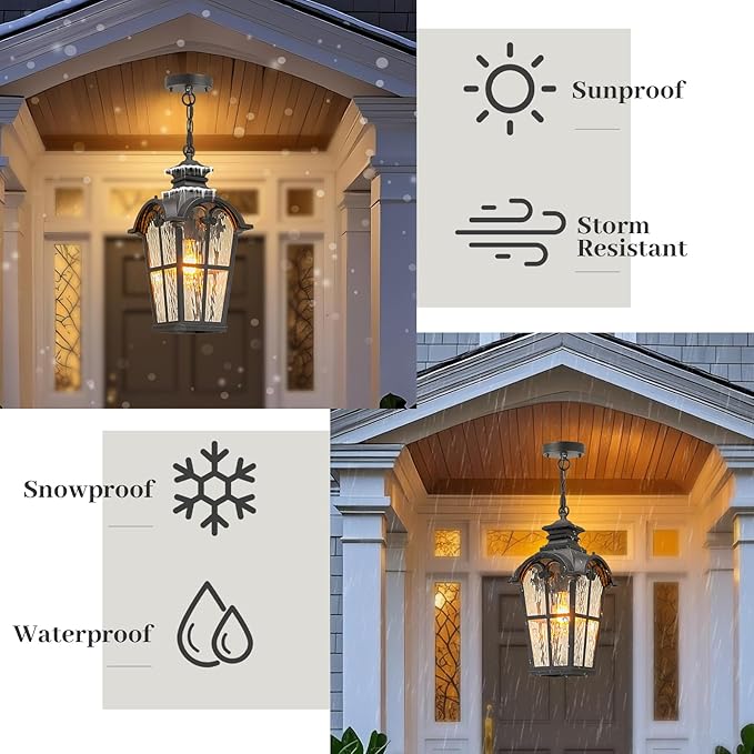 Waterproof Outdoor Pendant Light for Porch 18.5 Inch Large Hanging Porch Lights with Adjustable Chain Dusk to Dawn Aluminum Outdoor Hanging Light Fixture with Water Ripple Glass E26 Socket