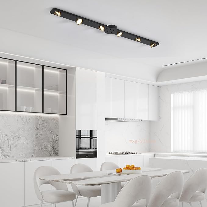 Garwarm Modern Ceiling Light Track Lighting, 47 Inch Dimmable LED Kitchen Ceiling Light Fixture with Remote 6-Light LED Chandelier for Bedroom Dining Room 30W Black