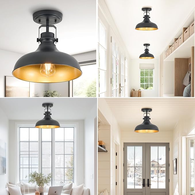 Metal Semi Flush Mount Light Fixture 11.4 inch Ceiling Light Black Hallway Light Fixtures for Kitchen,Hall,Bedroom,Bathroom,Entryway 2 Pack