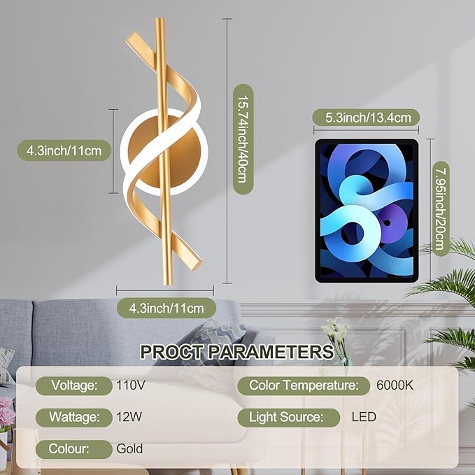 EIDISUNY LED Wall Sconces Indoor, 12W LED Wall Mount Lights, Modern Spiral Wall Lamp, 6000K Cold Light Fixture for Stairs, Living Room, Bedroom, Aisle, Hallway (Cold White, Gold)