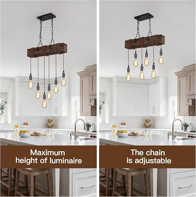 KEESFU 6-Lights Dining Farmhouse Chandelier, Farmhouse Wooden Ceiling Pendant Light, Height Adjustable, Rustic Chandelier for Kitchen Island Dining Room Bar Pool Table Cabin.