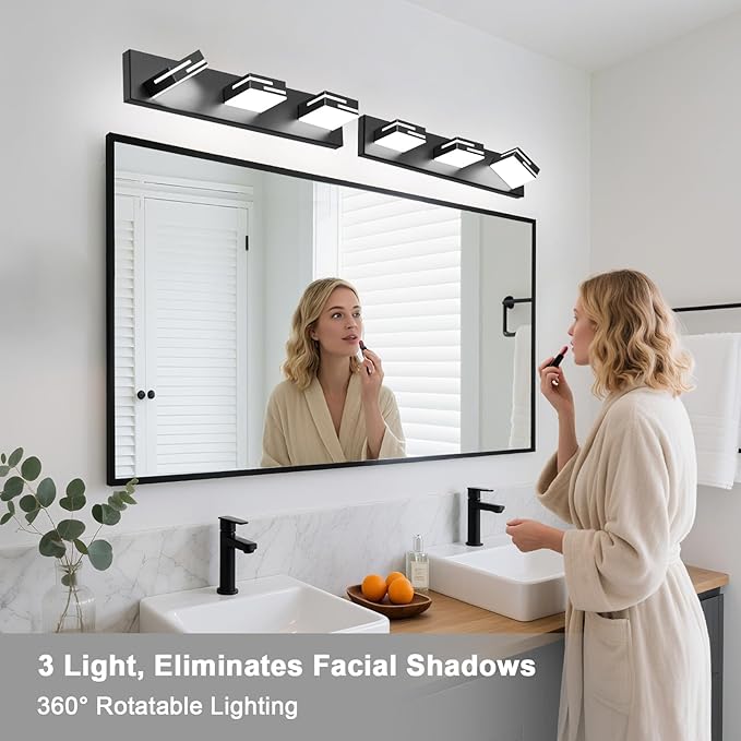 LED Modern Bathroom Vanity Light Fixtures, 3-Light 22-inch Dimmable Matte Black Vanity Lights for Bathroom Lighting Fixtures Over Mirror, with 360° Rotatable Acrylic Heads (Cool White 6000K)