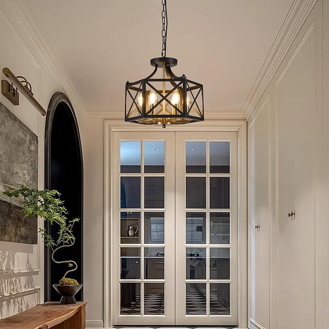 6-Light Black and Brushed Gold Pendant Light, Modern Farmhouse Chandeliers for Dining Room, Adjustable Metal Cage Hanging Light, Vintage Geometric Pendant Lighting for Kitchen Entryway Foyer