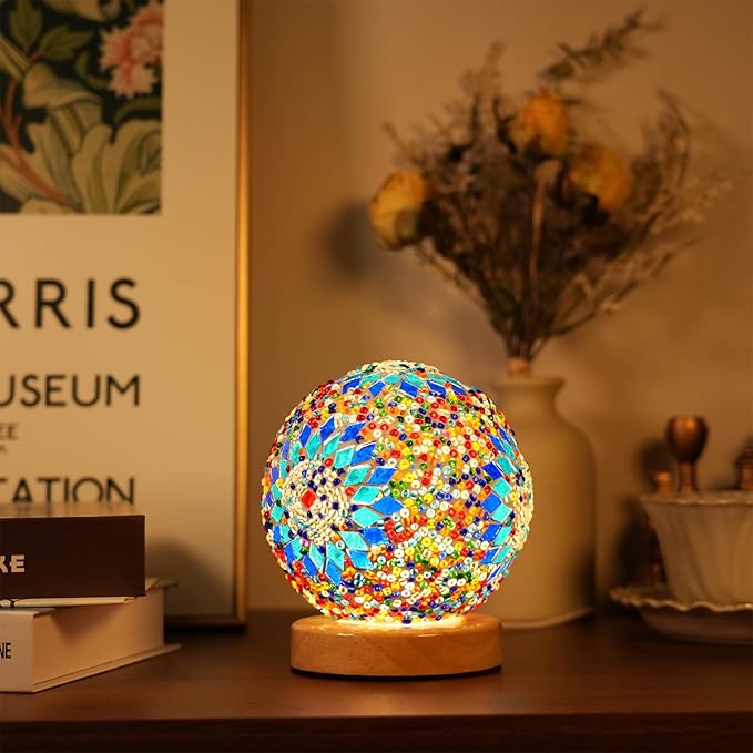 HAIDOLIANG Turkish Table lamp (D:4.7" x H:5.2"),Mosaic Glass Lamps with Wooden Base, Bohemian Tiffany Bedside Lamps, USB Power Moroccan Lantern for Living Room Decorations (Boho - Blue, Boho)