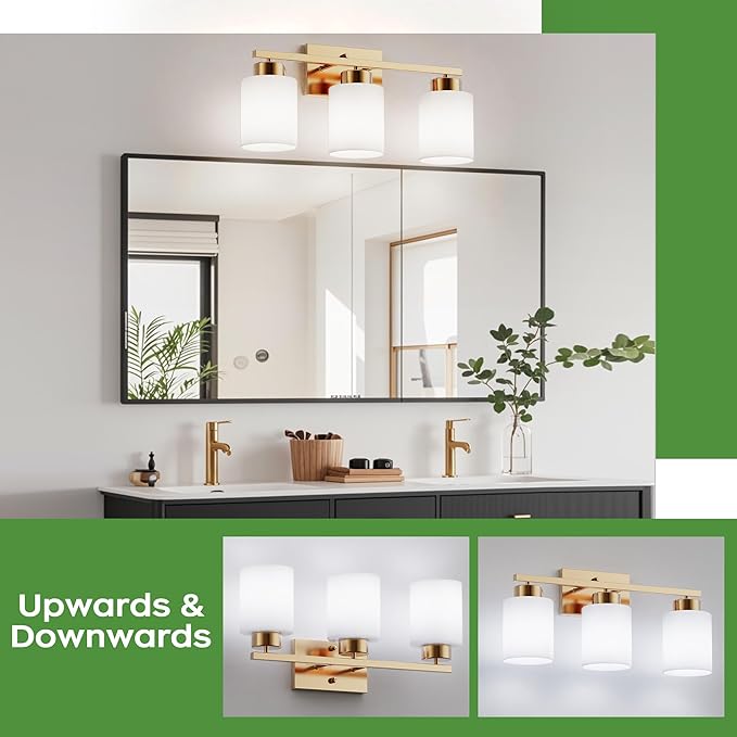 PARTPHONER 3-Light Brushed Gold Bathroom Light Fixtures, Modern Vanity Light Over Mirror Lighting, Wall Sconce with Frosted Milky White Glass Shades for Bedroom Living Room Kitchen Hallway