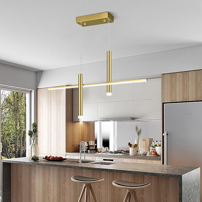 Modern LED Linear Pendant Light with Dual Spotlights Dimmable 6000K Pendant Lights Kitchen Island Gold Chandeliers for Dining Room Table Living Room Bedroom Gold(L31.5in)