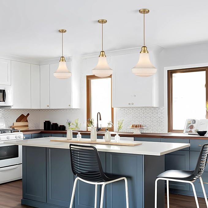 CLAXY Modern Gold Pendant Light Milk Glass Hanging Kitchen Pendant Light Fixture Dimmable- Adjustable Hanging Glass Pendant Lighting for Kitchen Dining Room Bedroom Restaurant