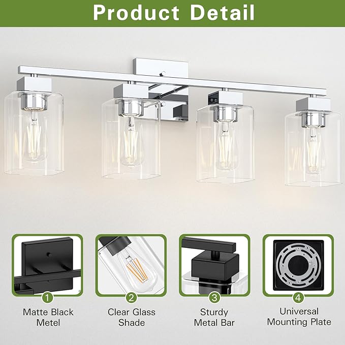 Espird 4 Light Bathroom Vanity Light - Chrome Bathroom Light Fixtures Square Design & UL Certification, 26 inch Square Bath Room Lights Over Mirror, Vanity Lighting Fixtures for Living Room & Bedroom