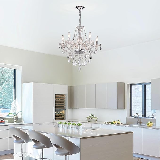 5-Light Modern Candle Crystal Glass Chandelier Pendant Ceiling Lighting Fixture for Dining Room Kitchen Hallway Living Room Bedroom Bar Closet, 23" Chrome Contemporary Elegant Lamp