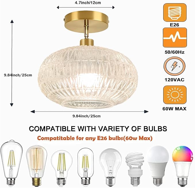 Gold Semi Flush Mount Ceiling Light Fixture,Hallway Light Fixtures,Vintage Small Ceiling Light Fixture,Globe Glass Ceiling Fixture,Vintage Ceiling Lamp,Kitchen Ceiling Lighting for Bedroom Bathroom