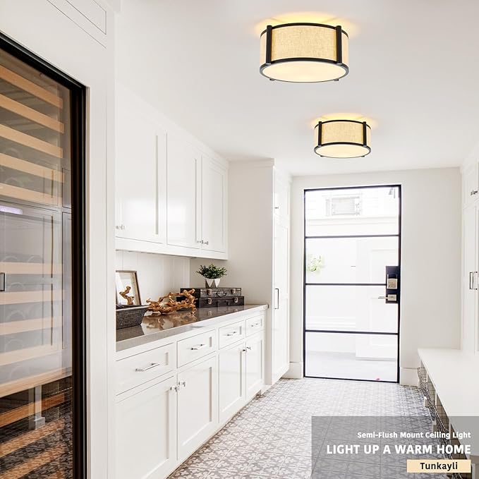 13" Semi Flush Mount Ceiling Light Modern 3-Lights Black Drum Ceiling Light Fixture with Fabric Linen Shade, Vintage Modern Ceiling Lighting for Laundry Room, Kitchen, Basement, Bedroom