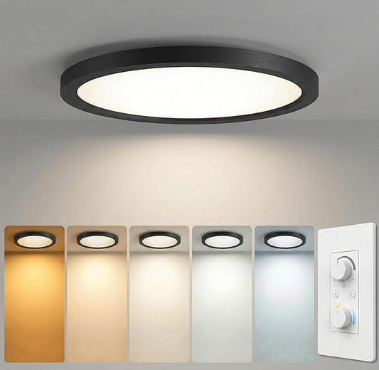 16 Inch 1Pack Super Slim Flush Mount Ceiling Light Fixture,30W 3400LM Dimmable 5CCT Selectable 2700K-5000K Round Light Fixture for Living/Bedroom,Kitchen/Bathroom,Porch &All Indoor Spaces Black