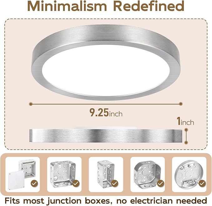 Hlite Dimmable 2pack 9 inch Flush Mount LED Ceiling Light Fixture,18W 1800LM Super Slim 3000K/4000K/5000K 3CCT Selectable,Dimmable Flush Mount Ceiling Light for Kitchen,Bedroom (Brushed Nickel)
