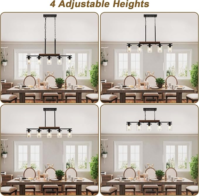 36.2‘’ Kitchen Lighting, 5-Light Dining Room Light Fixture Chandelier Over Table, Black Modern Rustic Wood Ceiling Pendant Light Fixtures, with Clear Glass Shade, Farmhouse Chandelier