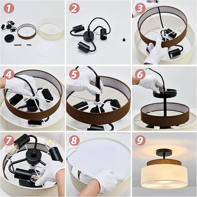 13" Double Drum 3-Light Semi Flush Mount Ceiling Light Fixture Farmhouse Fabric Chandelier with Linen Shade Rustic Black Ceiling Lamp for Bedroom Kitchen Dining Room Hallway Entryway