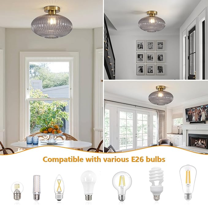 BOKT Mid Century Globe Ceiling Light Fixture Farmhouse Smoke Grey Glass Ceiling Light Industrial Hallway Stripe Ceiling Lamp for Bathroom Entryway