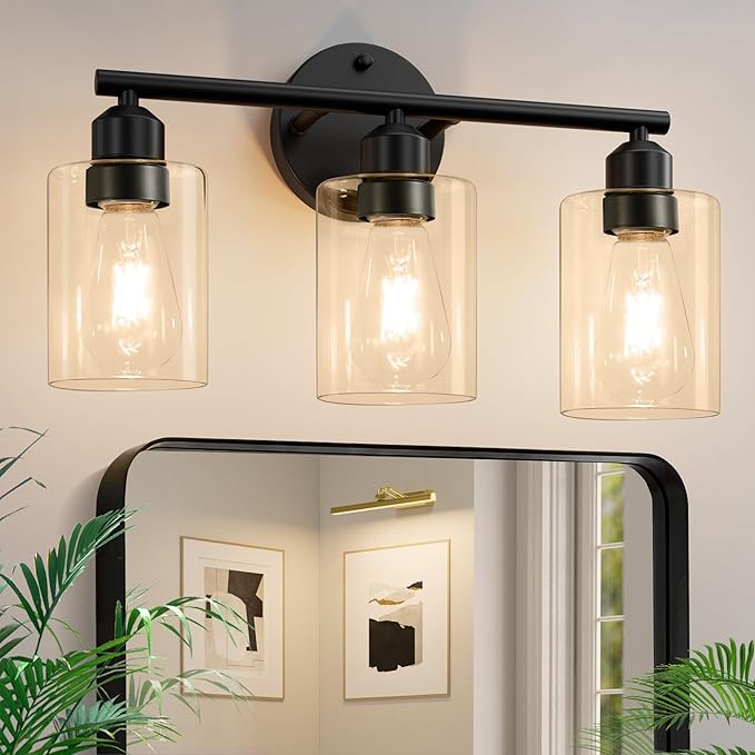 3-Light Bathroom Vanity Light Fixture, Modern Wall Lamp for Mirror with Clear Amber Glass Shade and Black Finish