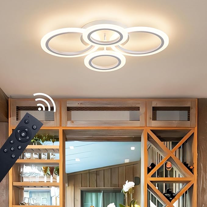 Shine LUEST 34W LED Ceiling Light with Remote, 3000-6000K Dimmable Modern Flush Mount Ceiling Lighting Fixture White 4 Rings Round Chandelier Ceiling Lamp for Small Room, Bedroom