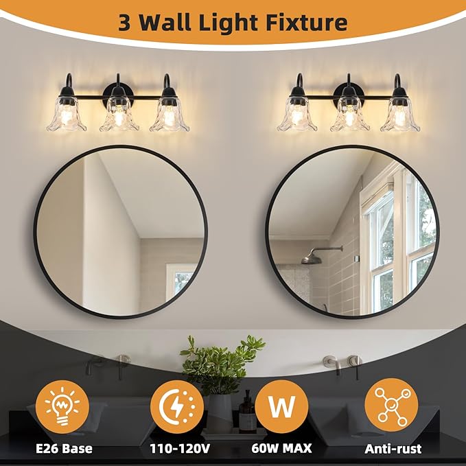 Bathroom Light Fixtures over Mirror, 3 Lights Vintage Wall Sconces with Hammered Glass Shade, 19.3" Matte Black Farmhouse Bathroom Wall Light Fixtures for Bedroom, Porch, Hotel, Mirror Cabinet