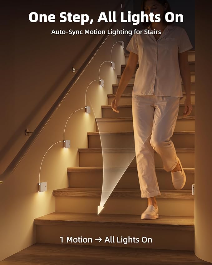 EZVALO 3 Pack Motion Sensor Night Lights, Sync LED Stair Lights Indoor, 1500mAh Rechargeable, Magnetic & Dimmable, 3000K Soft White, Portable Nightlight for Hallway, Stairs, Bathroom, Bedroom