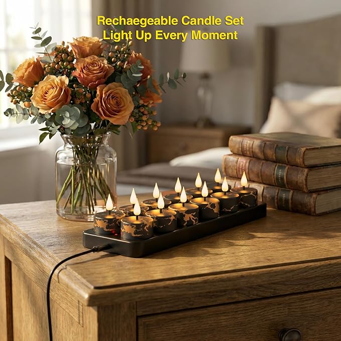 Flameless Tea Lights Candles with Charging Station,Black Marble Pattern,LED Tea Lights Candles with Remote Control Timer for Valentine's Day,Centerpiece Table Decorations,Anniversary,Home Decor,12Pack