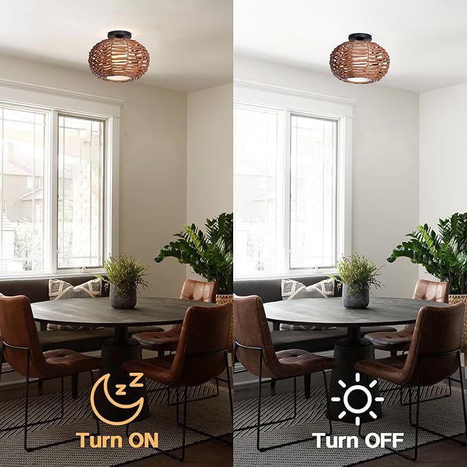 Boho Semi Flush Mount Ceiling Light, Rattan Style Hand Woven Shade, Farmhouse Ceiling Fixture for Bedroom, Kitchen, Hallway, Entryway