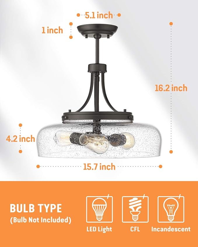 EAPUDUN Farmhouse Semi Flush Mount Ceiling Light Fixture, 3-Light Industrial Pendant Light in Oil Rubbed Bronze Finish with Clear Seeded Glass Shade, SMA1126-ORB