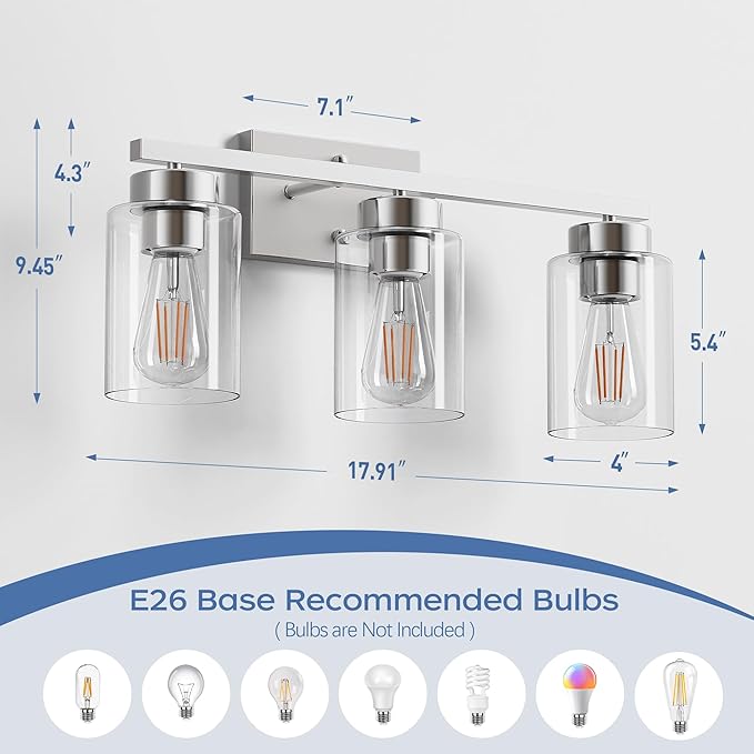 PARTPHONER 3-Light Bathroom Light Fixtures, Brushed Nickel Vanity Light with Clear Glass Shade, Modern Wall Sconce for Mirror Bedroom Living Room Hallway Lighting