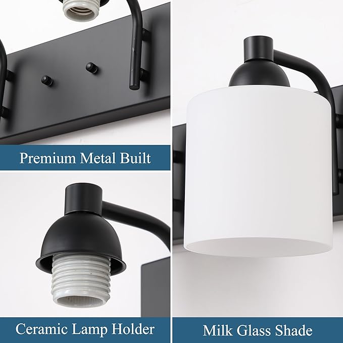 Mecgirn Milk Glass Vanity Lights for Bathroom, 2 Light Matte Black Bathroom Light Fixtures Over Mirror, Ceramic E26 Sockets Wall Mounted