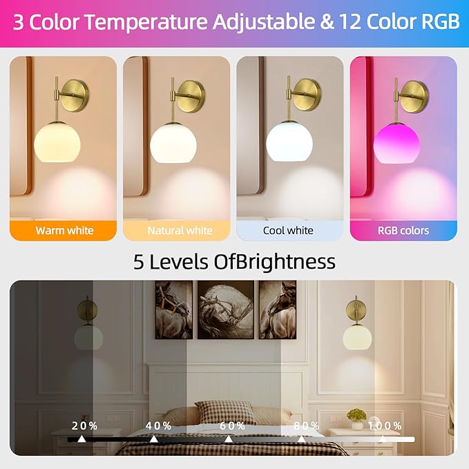 Battery Operated Wall Sconces Set of 2, Rechargeable Wall Lights with Frosted Glass Shade, 12 RGB and 3CCT Dimmable, Wall Lamps with Remote for Bedroom Living Room Hallway, Gold